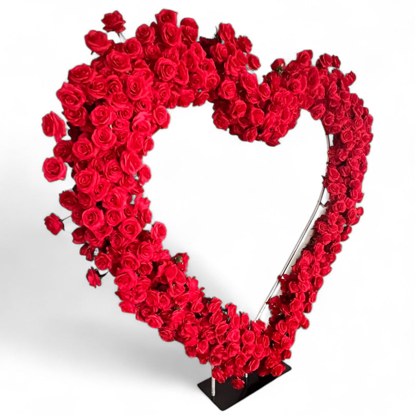 Heart Wedding Backdrop for Rent with Red Floral Arrangement