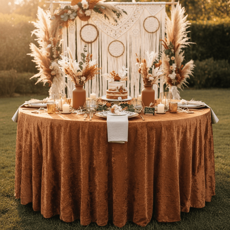 Decorated round table with terracotta velvet tablecloth, a cake, glasses, and centerpieces on a grassy background