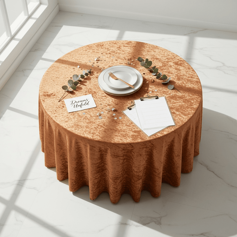 Round table with a terracotta velvet tablecloth, plates, cutlery, and decorative elements on a light background.
