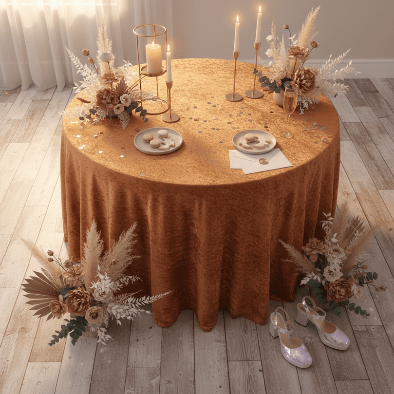 Decorative table setting with a terracotta velvet tablecloth, candles, and floral arrangements on a wooden floor.