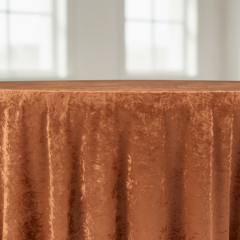 Terracotta velvet tablecloth on a wooden table with a white curtain background
