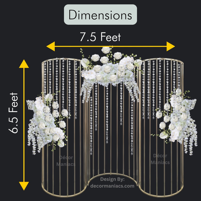 Decorative arch with flowers and crystals, shown with dimensions on a black background.