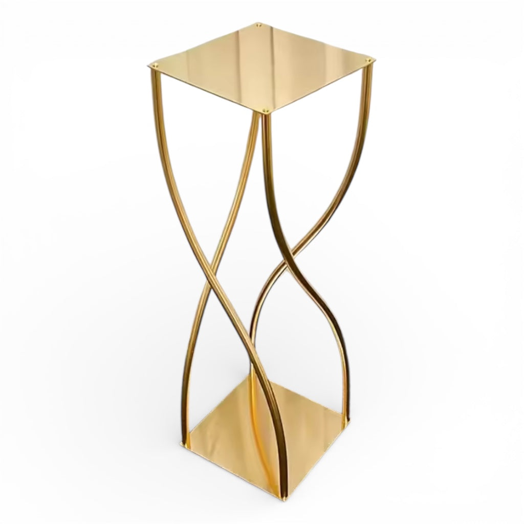 Gold metal wedding centerpiece with a modern design on a white background