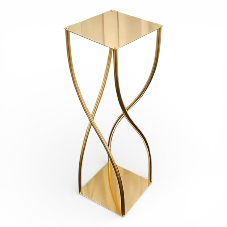 Gold metal wedding centerpiece with a modern design on a white background