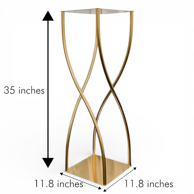 Gold metal flower stand with dimensions labeled on a white background