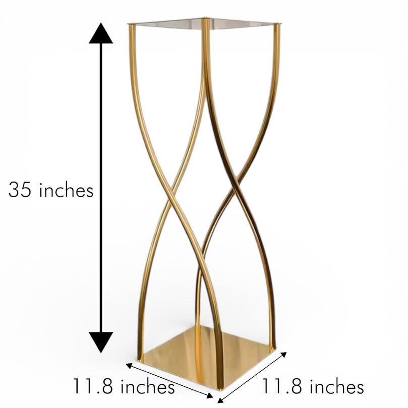Gold metal flower stand with dimensions labeled on a white background