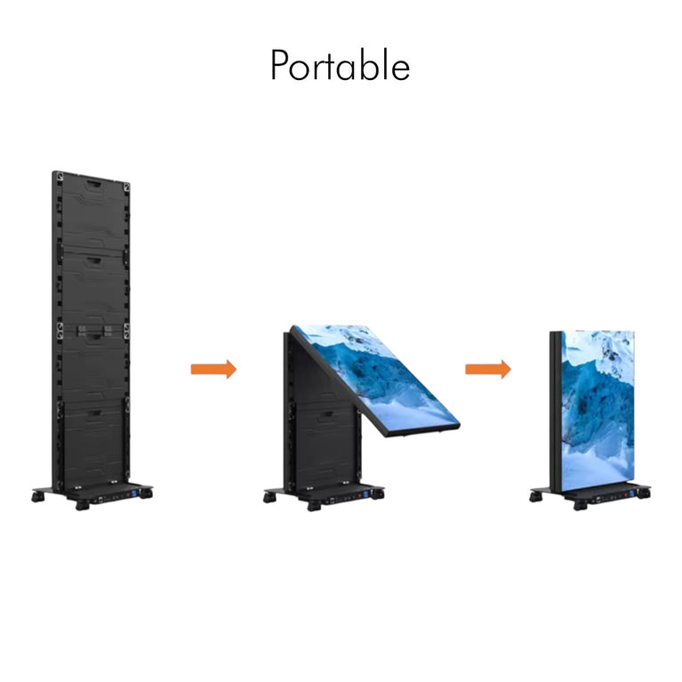 Portable LED display stand with screen transformation on a white background