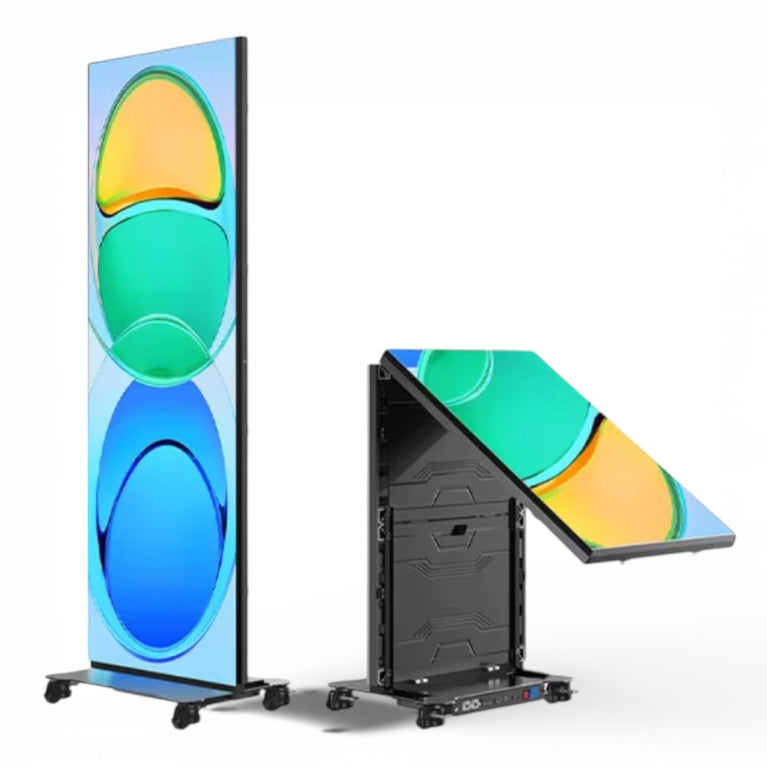 Foldable LED digital display with colorful screen on a white background