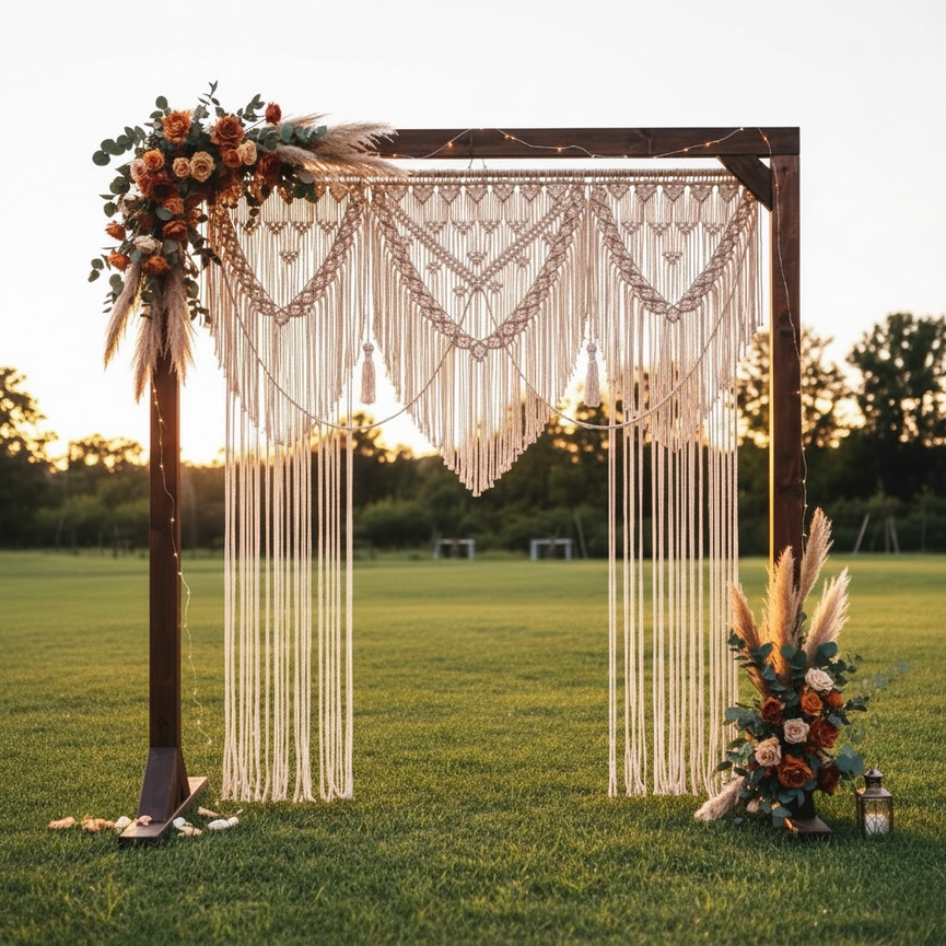 Decorative wooden arch with a macrame boho curtain, string lights and floral arrangements in an outdoor setting