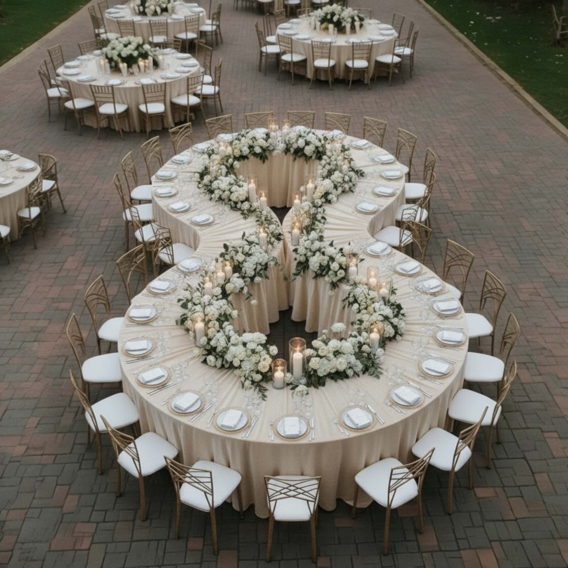 Round table set for a formal event with floral centerpieces and candles, surrounded by chairs on a brick patio.