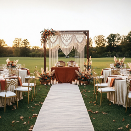 Decorative outdoor setting with tables, chairs, and floral arrangements in a field.