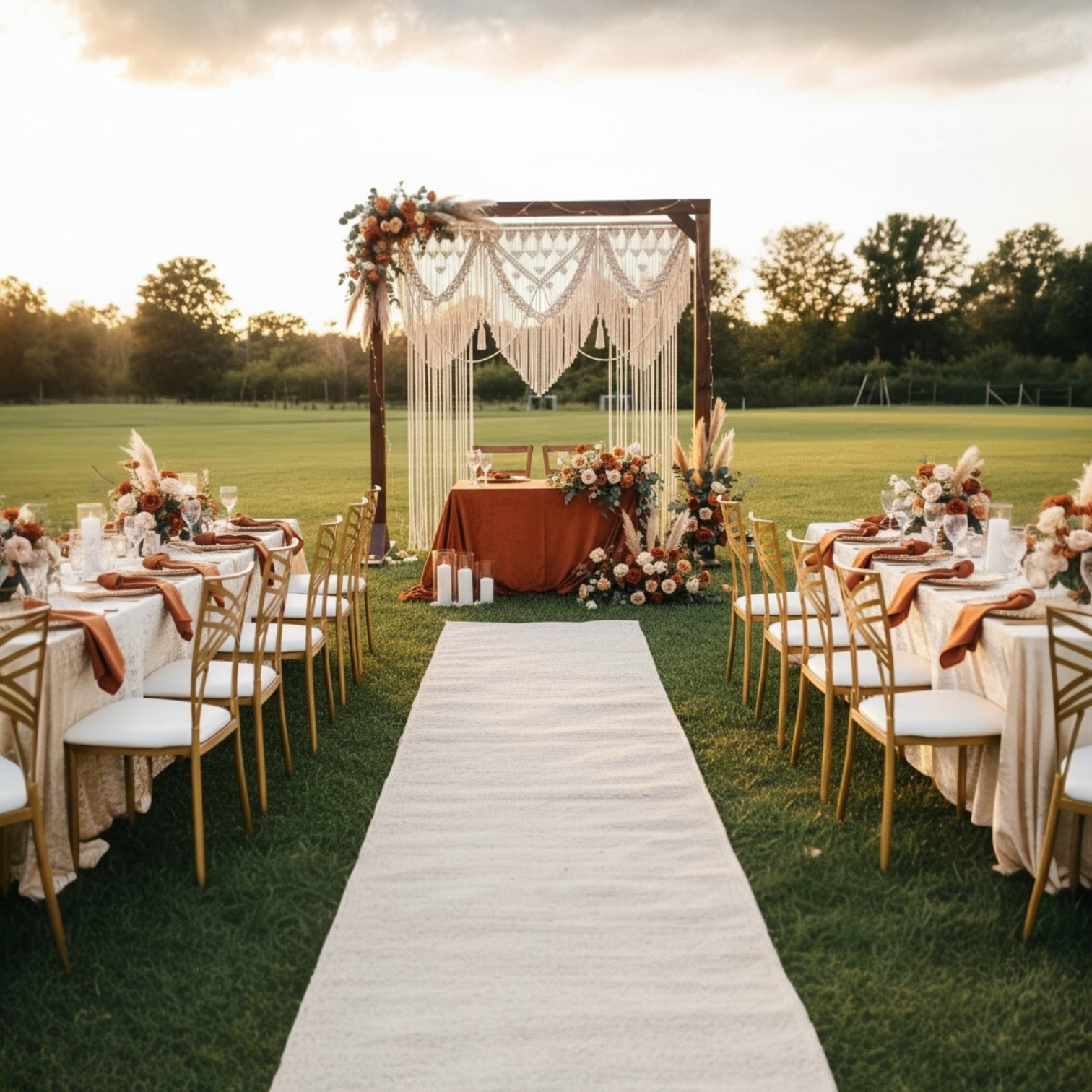 Outdoor wedding setup with tables, chairs, and floral decorations on a grassy field.