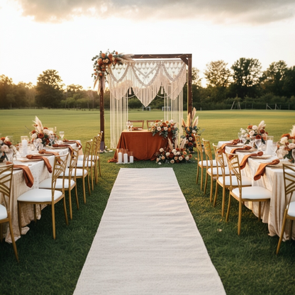 Outdoor wedding setup with tables, chairs, and floral decorations on a grassy field.