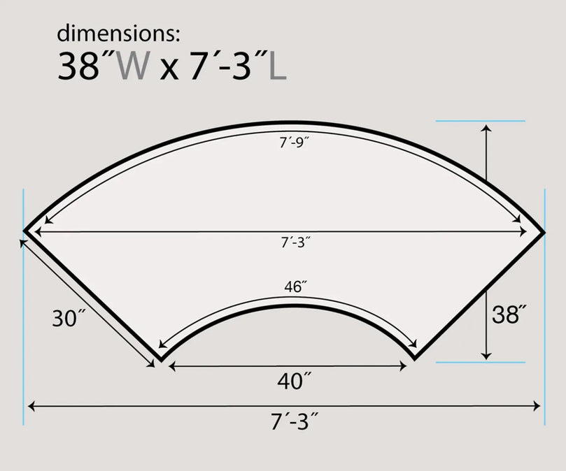 Measurement chart for a curved serpentine table with dimensions labeled
