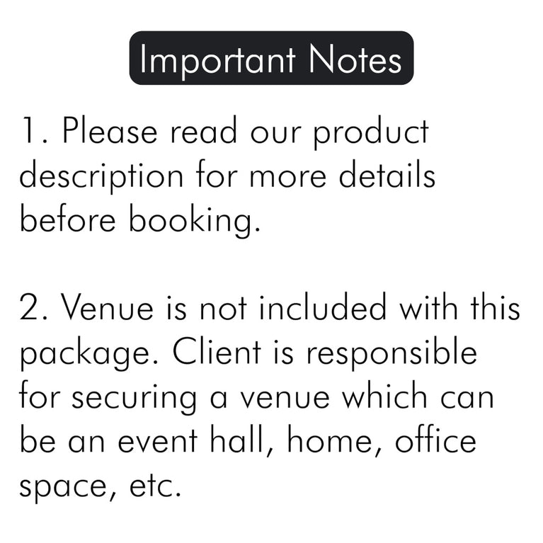 Text on a white background indicating important notes about product booking and venue responsibility.