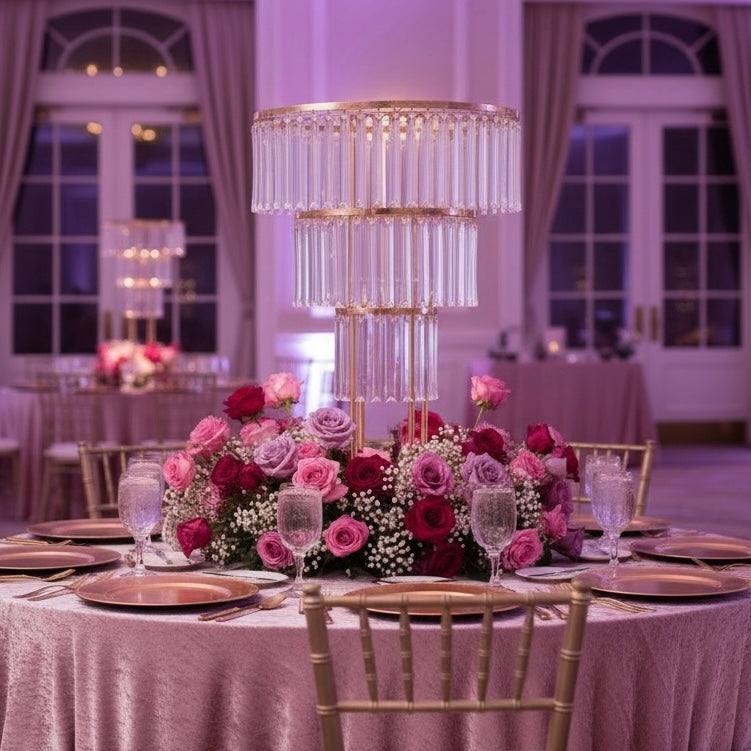 Decorative table setting with a crystal centerpiece, flowers, and silverware in a formal dining room.