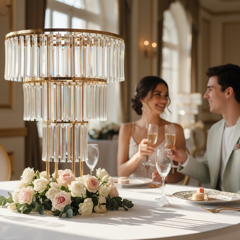 Couple enjoying a romantic dinner with a crystal wedding centerpiece,  floral arrangement in the background.