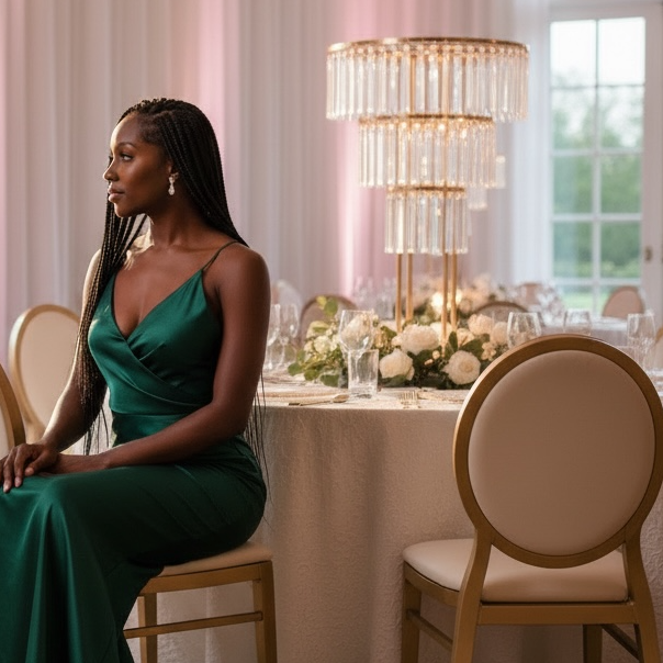 Woman in a green dress sitting at a elegantly set dining table in a bright room with large windows.