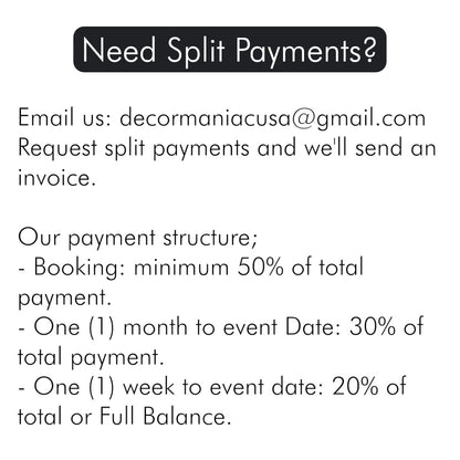 Text message about split payments with email contact and payment structure details.