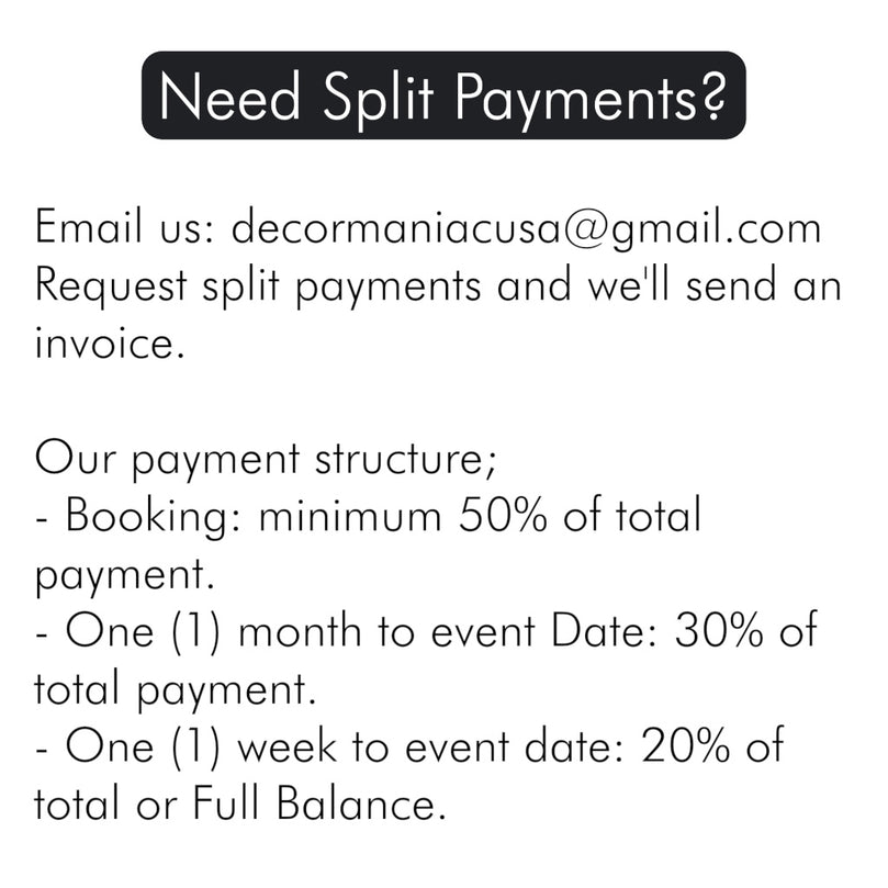 Text message about split payments with email contact and payment structure details.