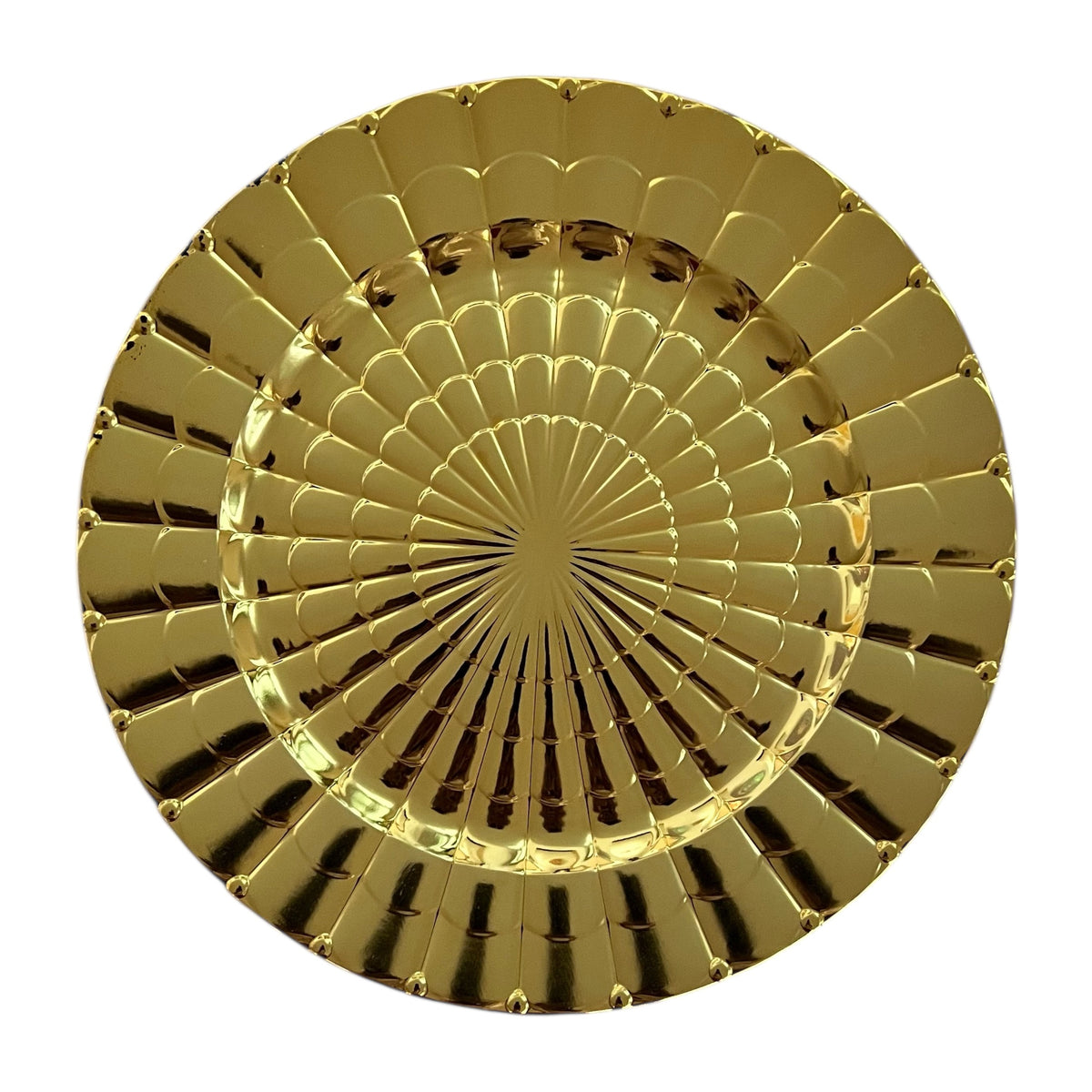 Gold decorative plate with a sunburst pattern on a white background