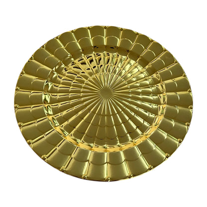 Gold decorative charger plate with a textured design on a white background