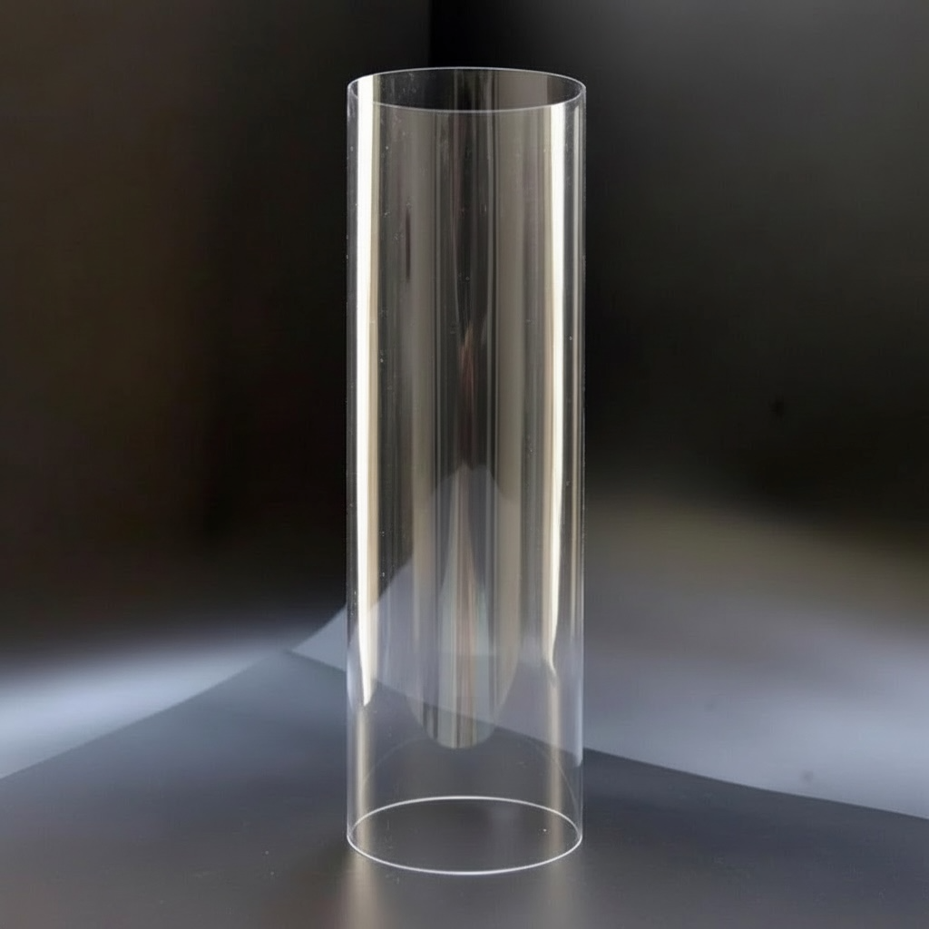 Clear cylindrical candle vase on a reflective surface with a dark background