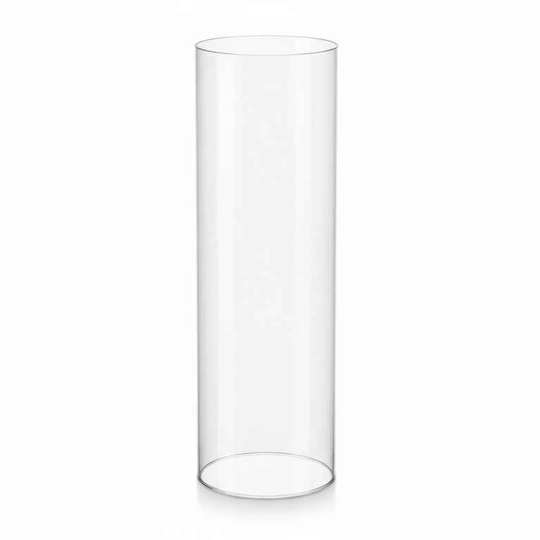 Clear cylindrical candle glass hurricane on a white background