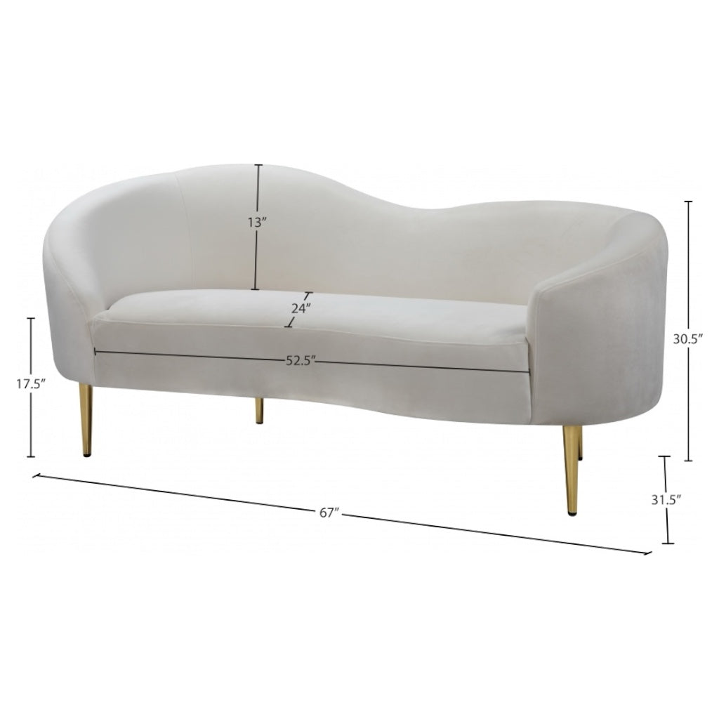 Beige sofa with gold legs and dimensions marked on a white background