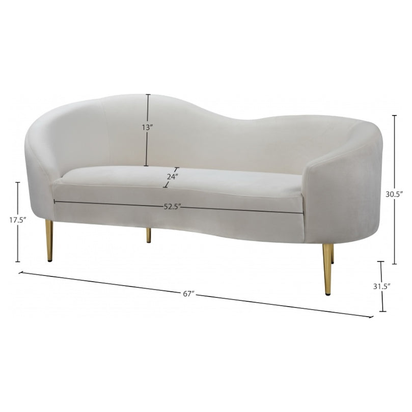 Beige sofa with gold legs and dimensions marked on a white background