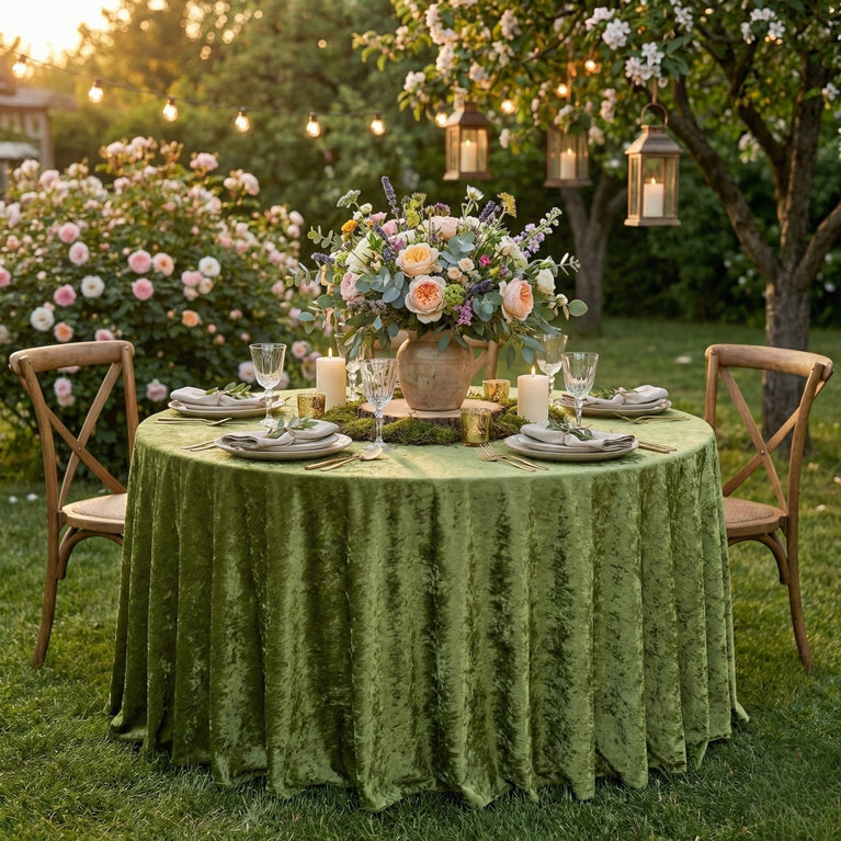 Dining table set for a meal outdoors with a sage green velvet tablecloth, floral centerpiece, and candles.