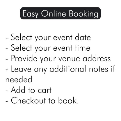 Text instructions for easy online booking of party rentals on a white background