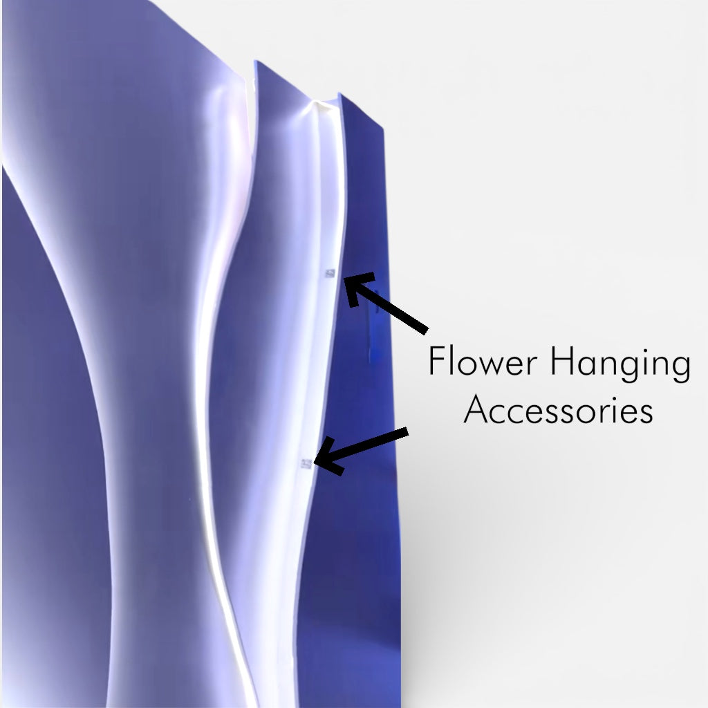 Decorative backdrop wall panel with 'Flower Hanging Accessories' text and arrows pointing to a specific area.