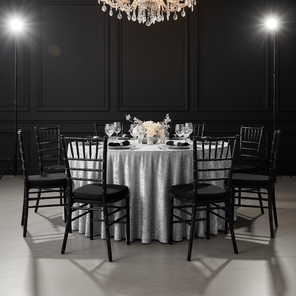 Dining table set with silver velvet tablecloth and black chiavari chairs in a dimly lit room.