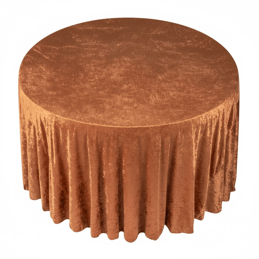 Round table covered with a rustic terracotta velvet tablecloth on a white background