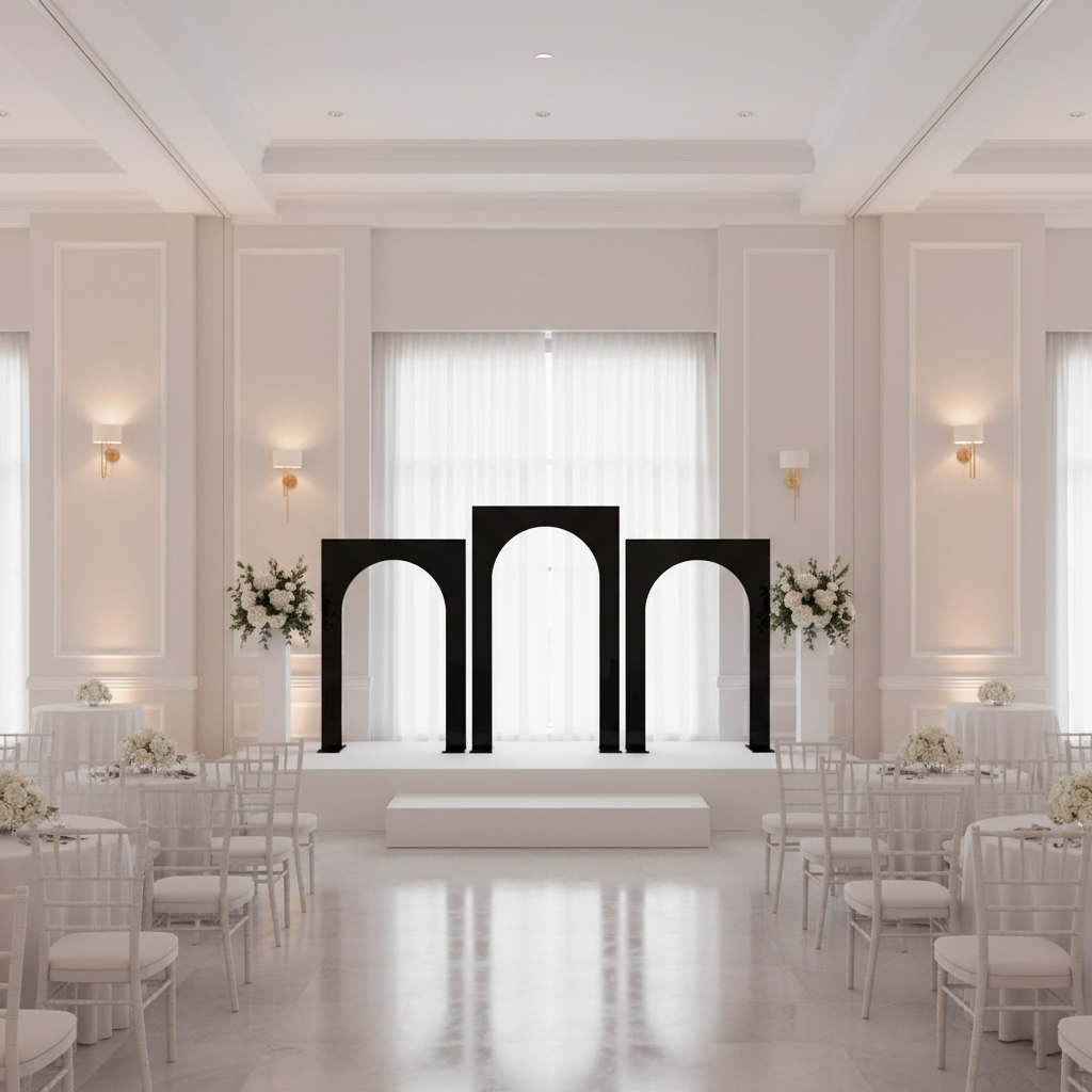 White interior with black decorative wedding backdrops and floral arrangements.