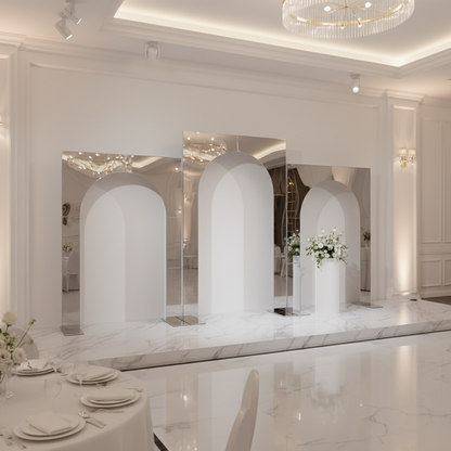Modern interior design with marble flooring, silver wedding backdrops, and white walls.
