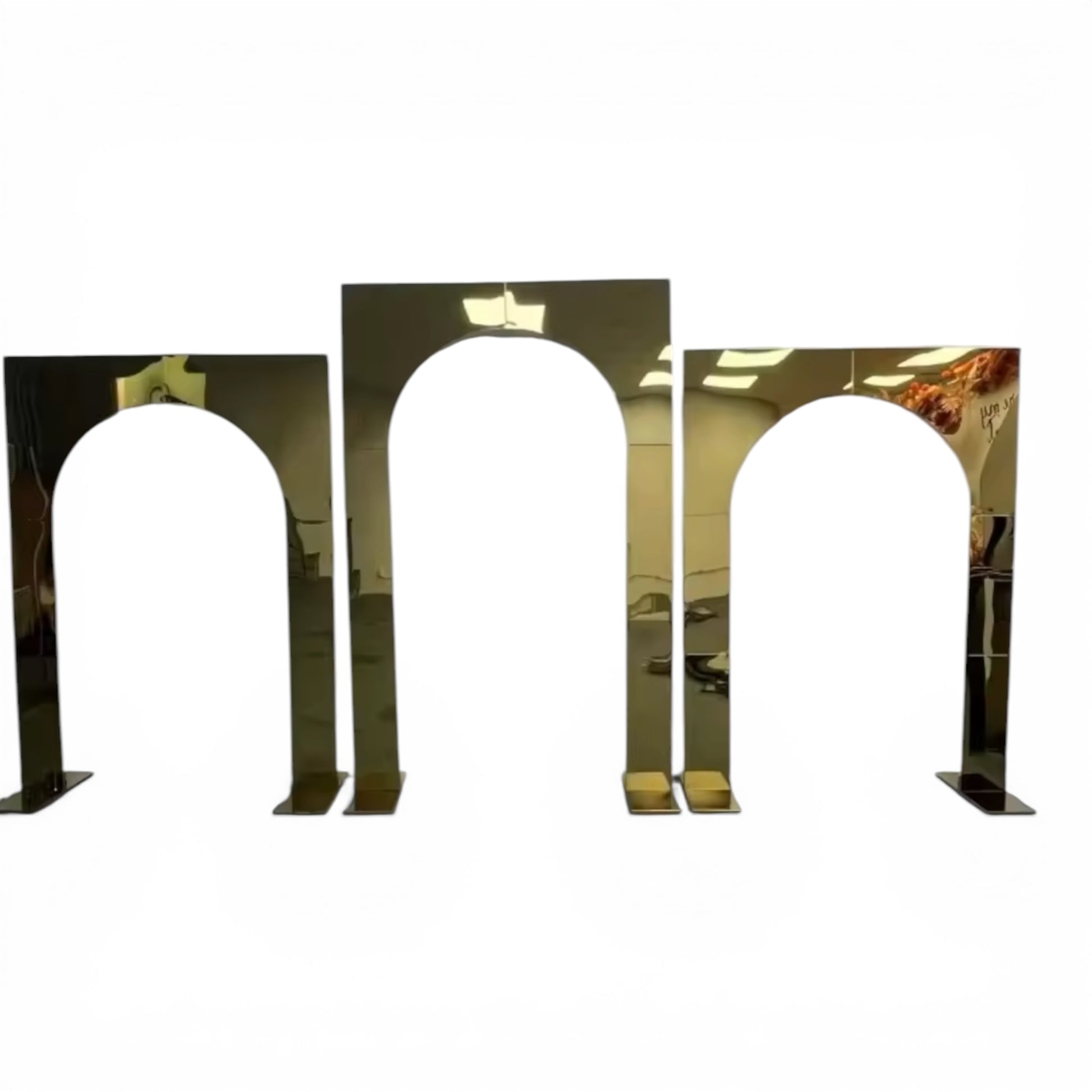 Three metallic arch-shaped wedding backdrops on a white background