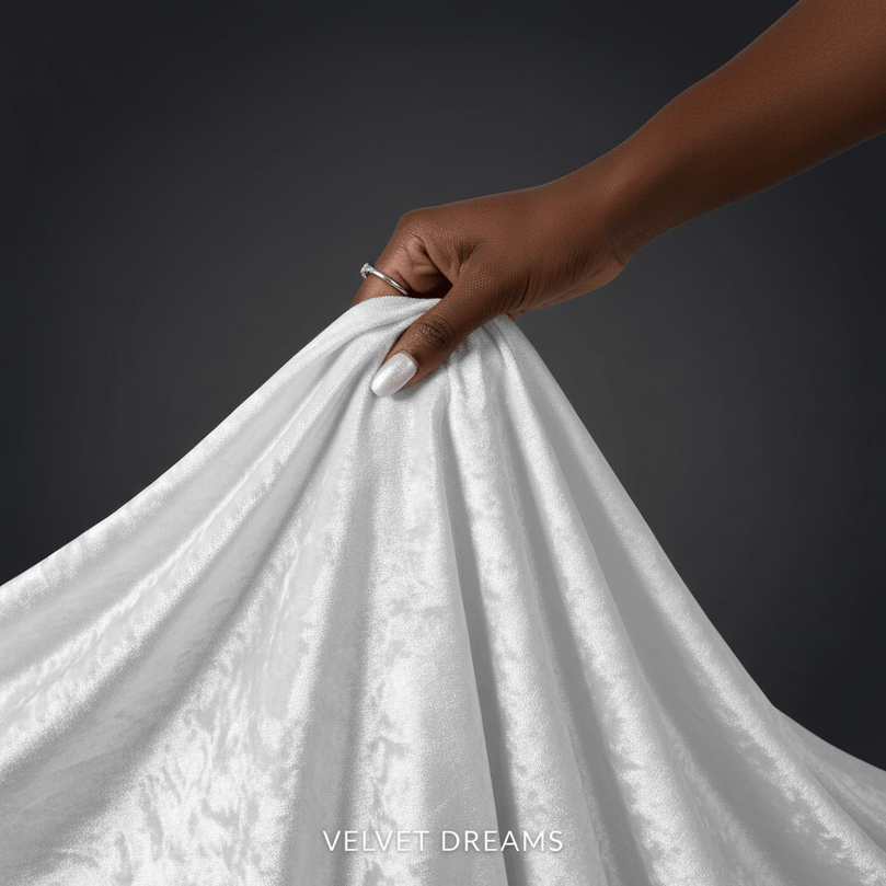 Hand holding white textured velvet fabric against a dark background with 'Velvet Dreams' branding.