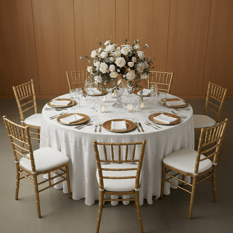 Round table set for a party with floral centerpiece, white velvet tablecloth, and wooden chiavari chairs.