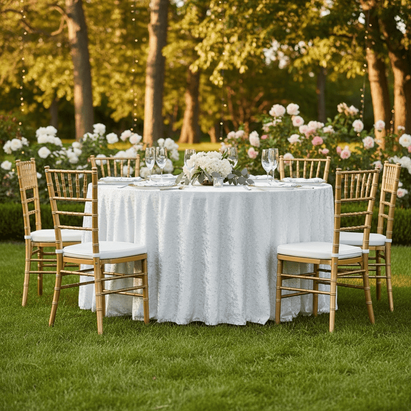 Set table with white velvet tablecloth and floral arrangements in a garden setting