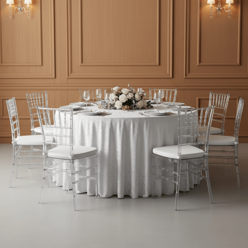 Round table set for a formal dinner with clear chiavari chairs and white velvet tablecloth in a room with wooden paneling.