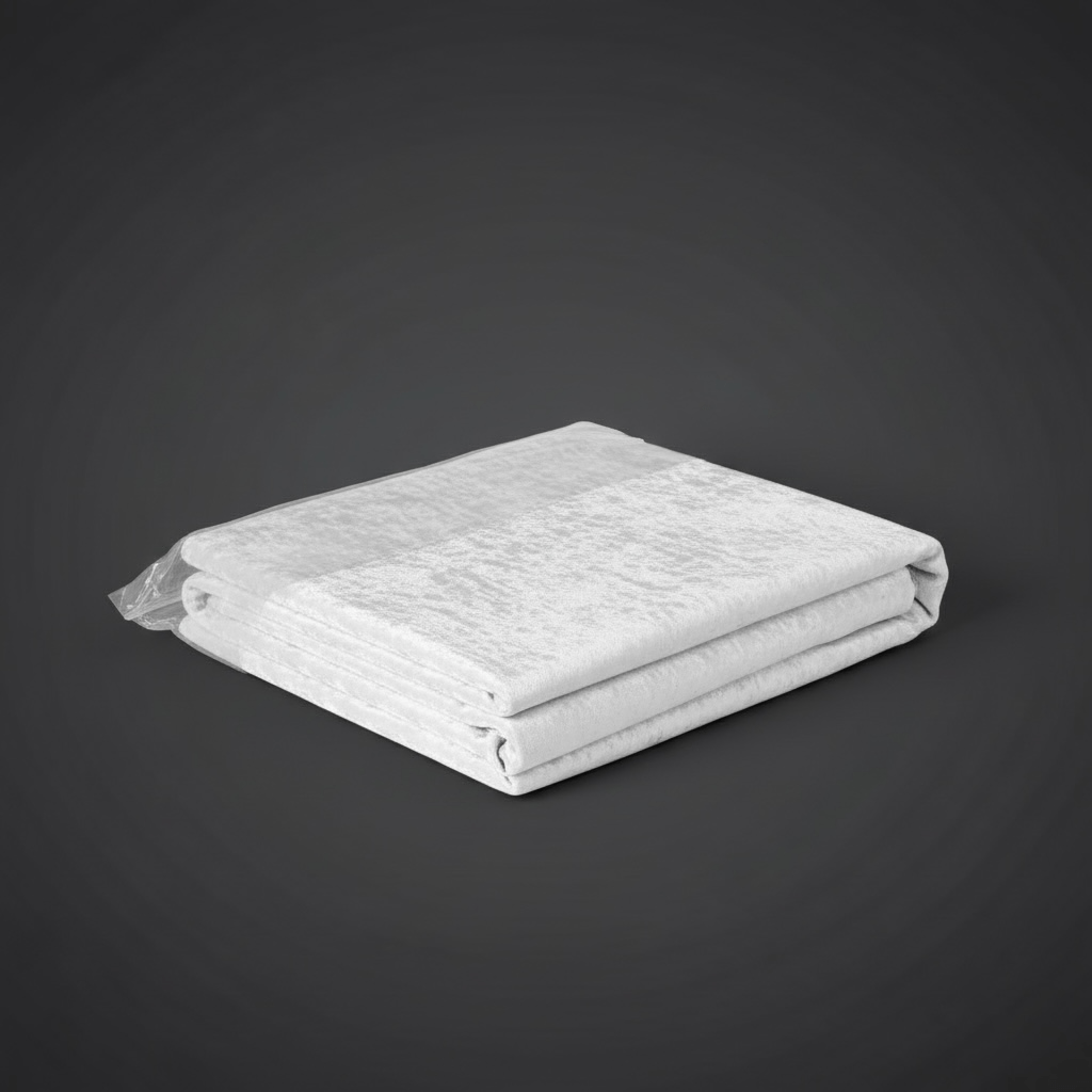 Folded white velvet tablecloth on a dark gray background