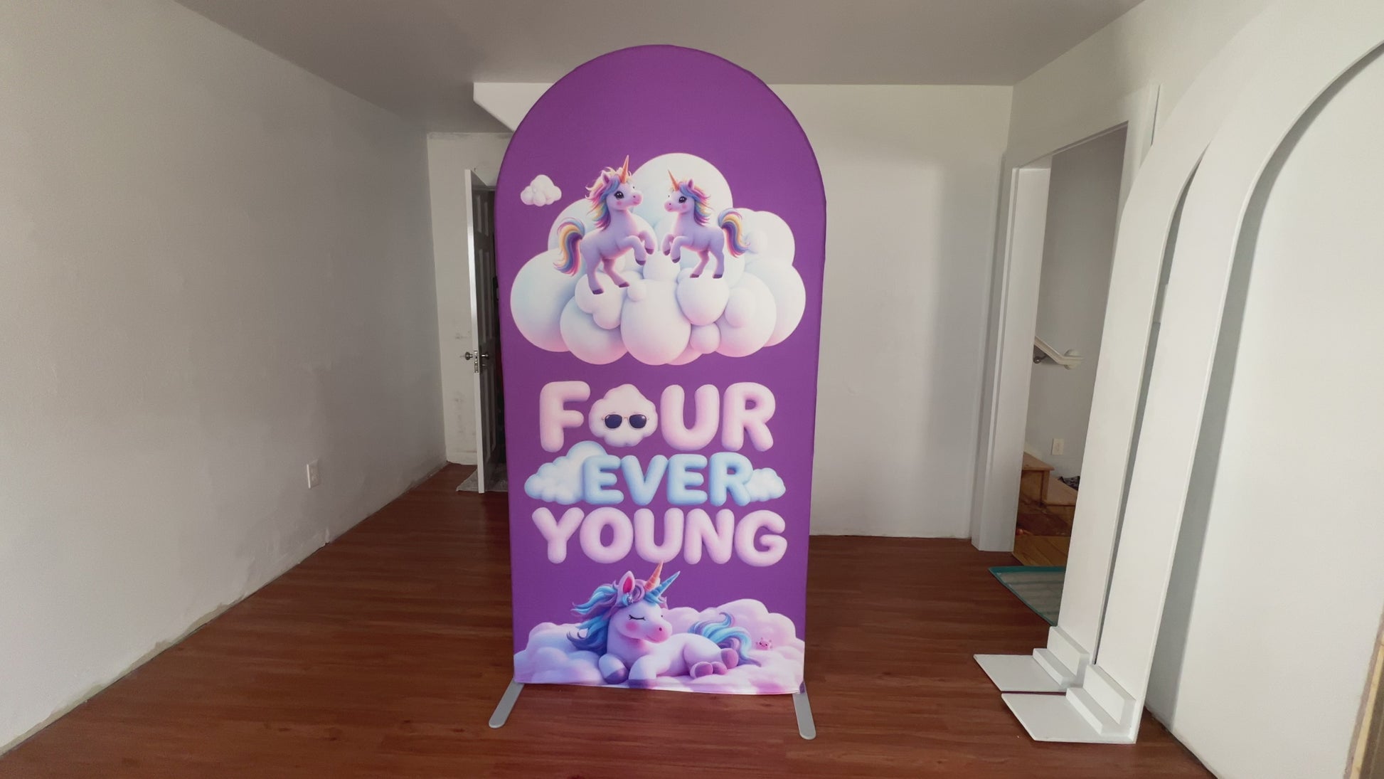 unicorn themed fabric backdrop cover with a text saying four ever young.